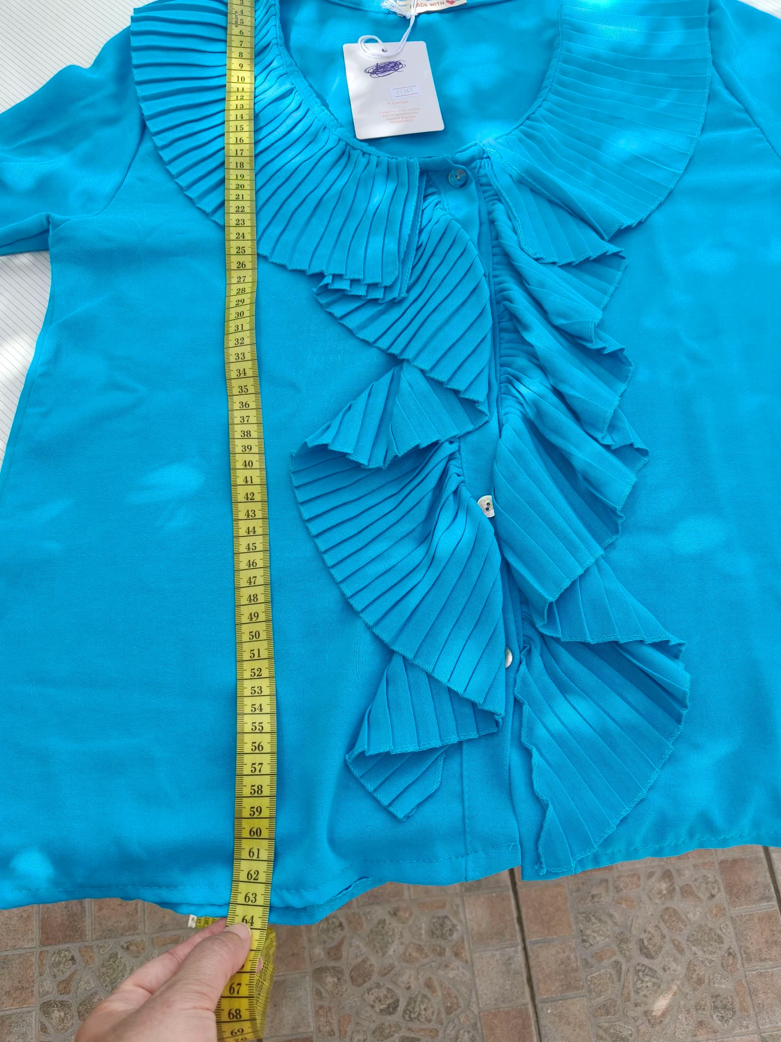 Blusa elegante azul turquesa com babados plissados – photo 11